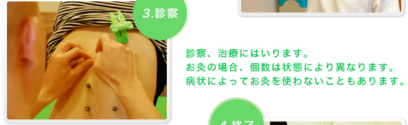 診察、治療にはいります。お灸の場合、個数は状態により異なります。病状によってお灸を使わないこともあります。